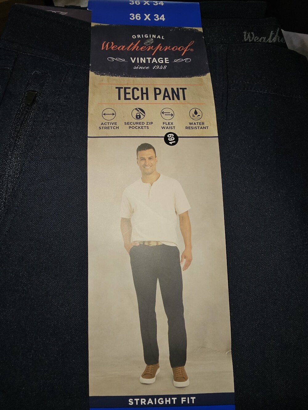 Weatherproof Vintage Men Tech Pants 36Wx34 Blue Straight Fit Stretch Zip Pockets